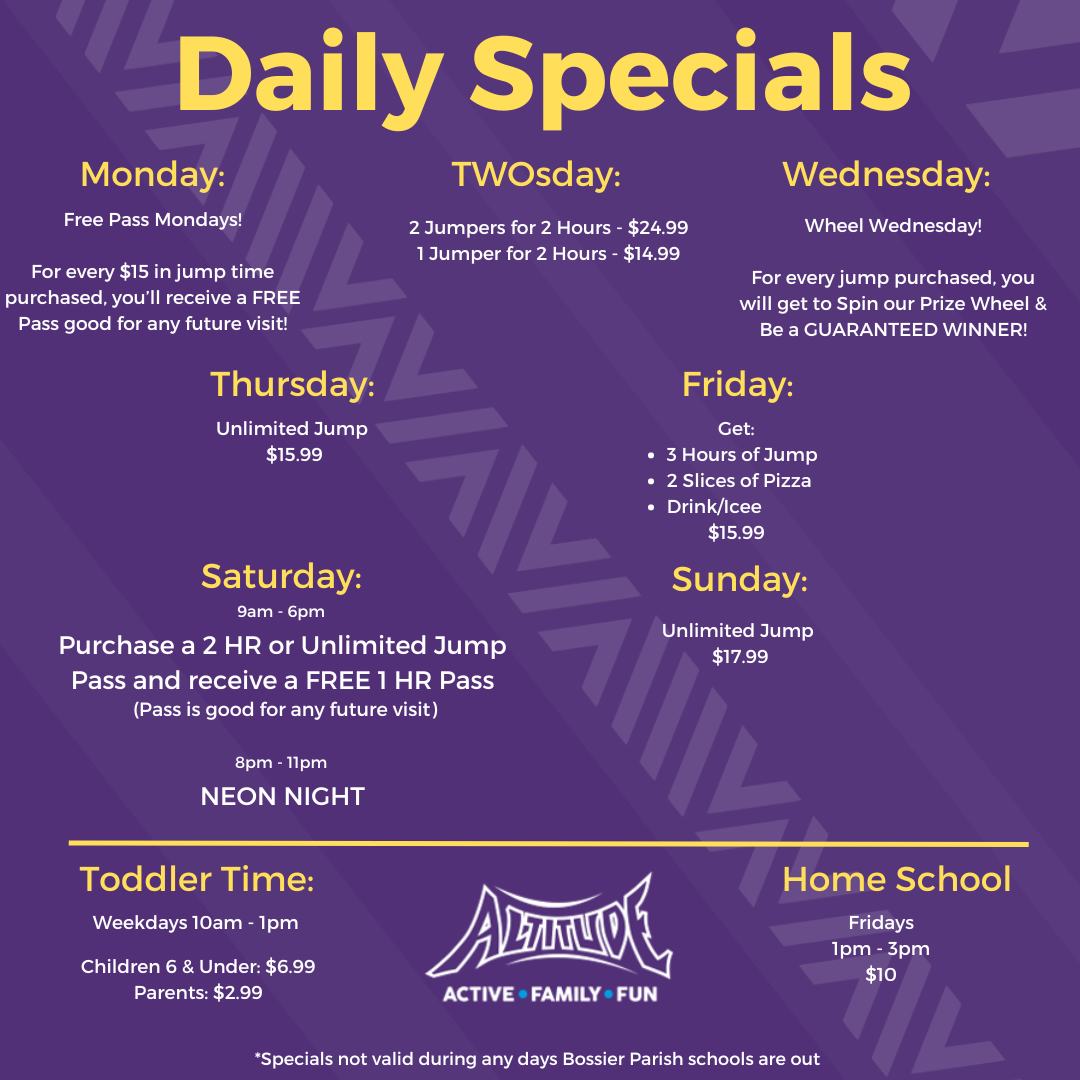 Altitude Bossier City - Daily Specials